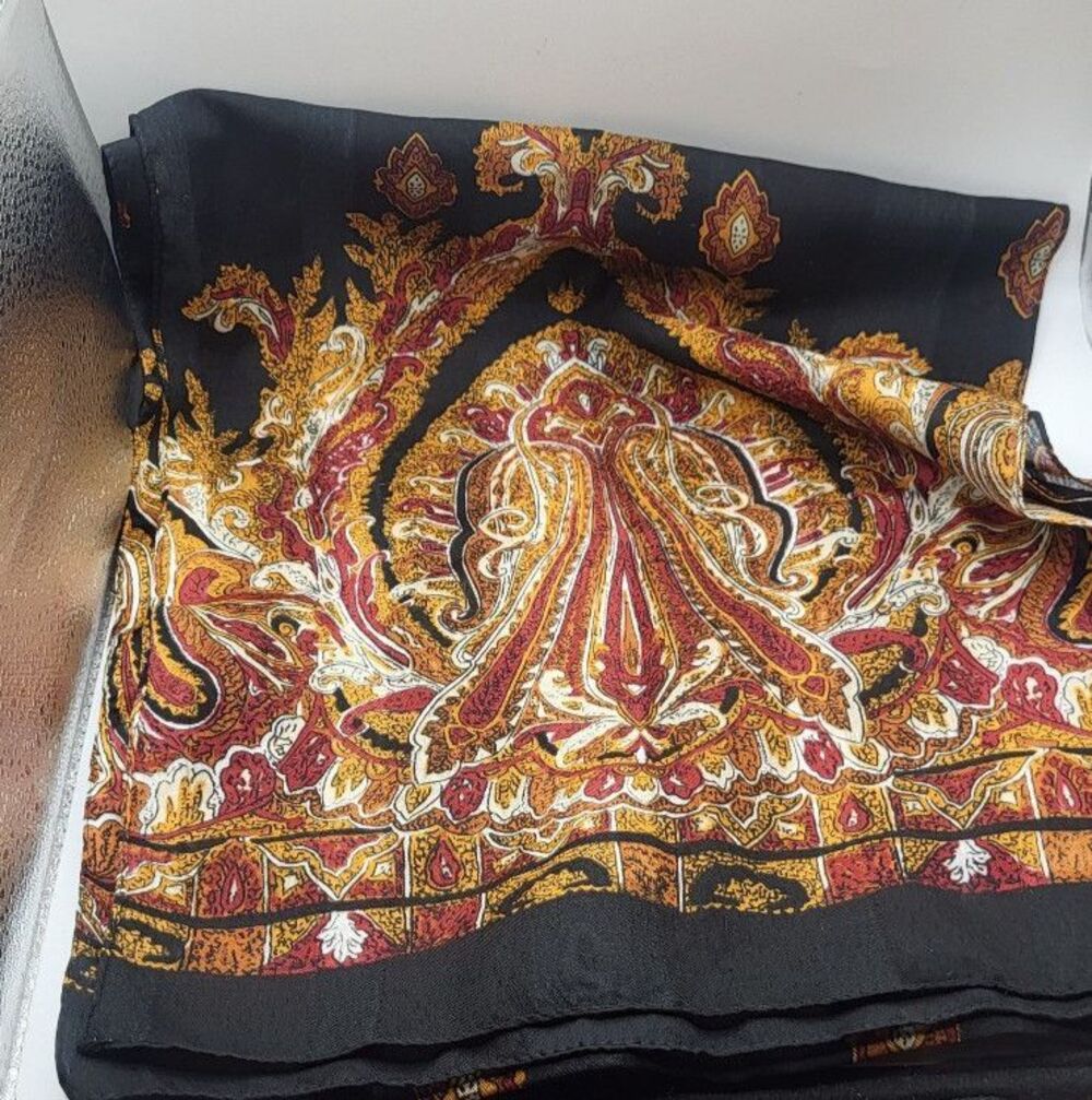 Retro Bohemian Paisley Square Scarf Black Intricate Earthy Pattern Viscose